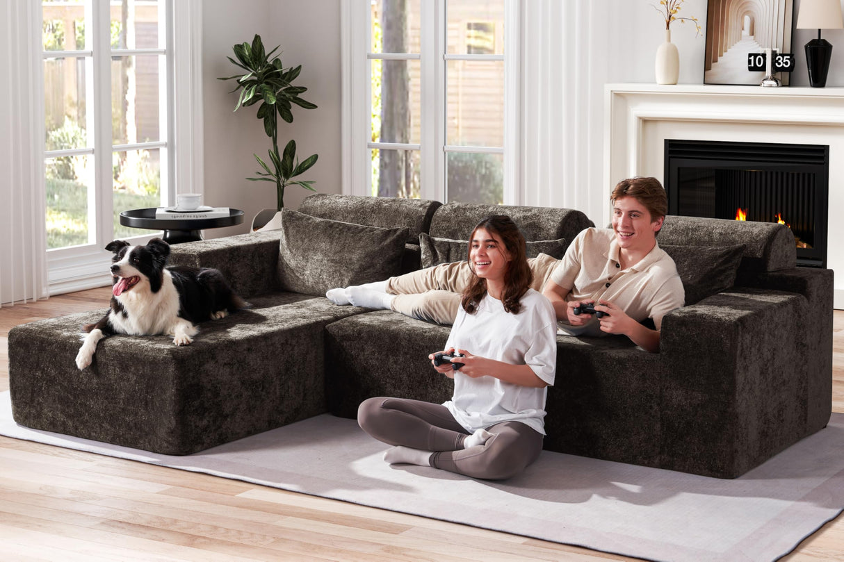 Homguava Modular Sectional Couches for Living Room,105" Cloud Couch with L-Shape Chaise,Comfy Sofa Living Room Couch with Deep Seat,No Assembly L Couch,Luxury Distressed Velvet(Yellow Brown,L) Homguava