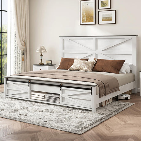 Albott Queen Size Farmhouse Bed Frame with Sliding Barn Door Storage, Wood Platform Bed Frame with 48.6" Barn Door Headboard, No Box Spring Needed, Wood Slats Support, No Squeak, Rustic White Albott