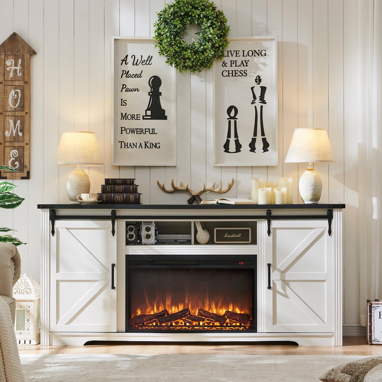 JXQTLINGMU Farmhouse Fireplace TV Stand for 80 Inch TV, 32" Tall Entertainment Center w/Drawer & Sliding Barn Door, 70 Inch Highboy Media Console for Living Room, Off White