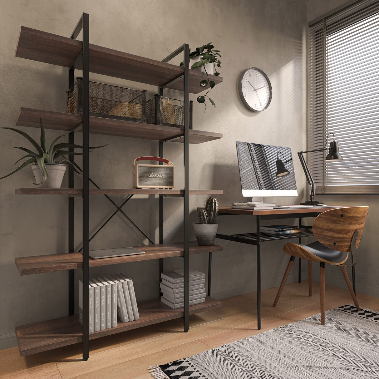 BELLEZE 70-Inch Dark Walnut 5-Tier Industrial Bookshelf with Metal Frame BELLEZE