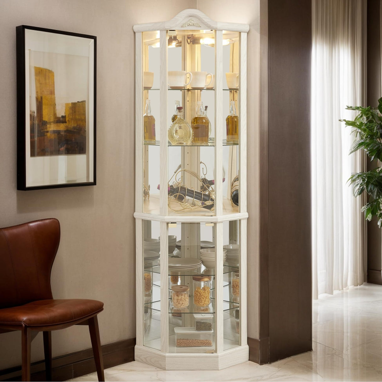 CKEASEAN 72" H Lighted Curio Cabinet with Light Blub, Glass Display Cabinet with 6 Adjustable Shelves, Tempered Glass Doors, Corner Wine Cabinet Storage Rack for Bar and Liquor Storage (White) CKEASEAN