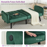 TYBOATLE 65" W Velvet Modern Convertible Folding Futon Couch Sofa Bed w/ 2 USB Charging Ports and arms, Loveseat for Living Room, Office, Apartment, Bedroom (Green) TYBOATLE