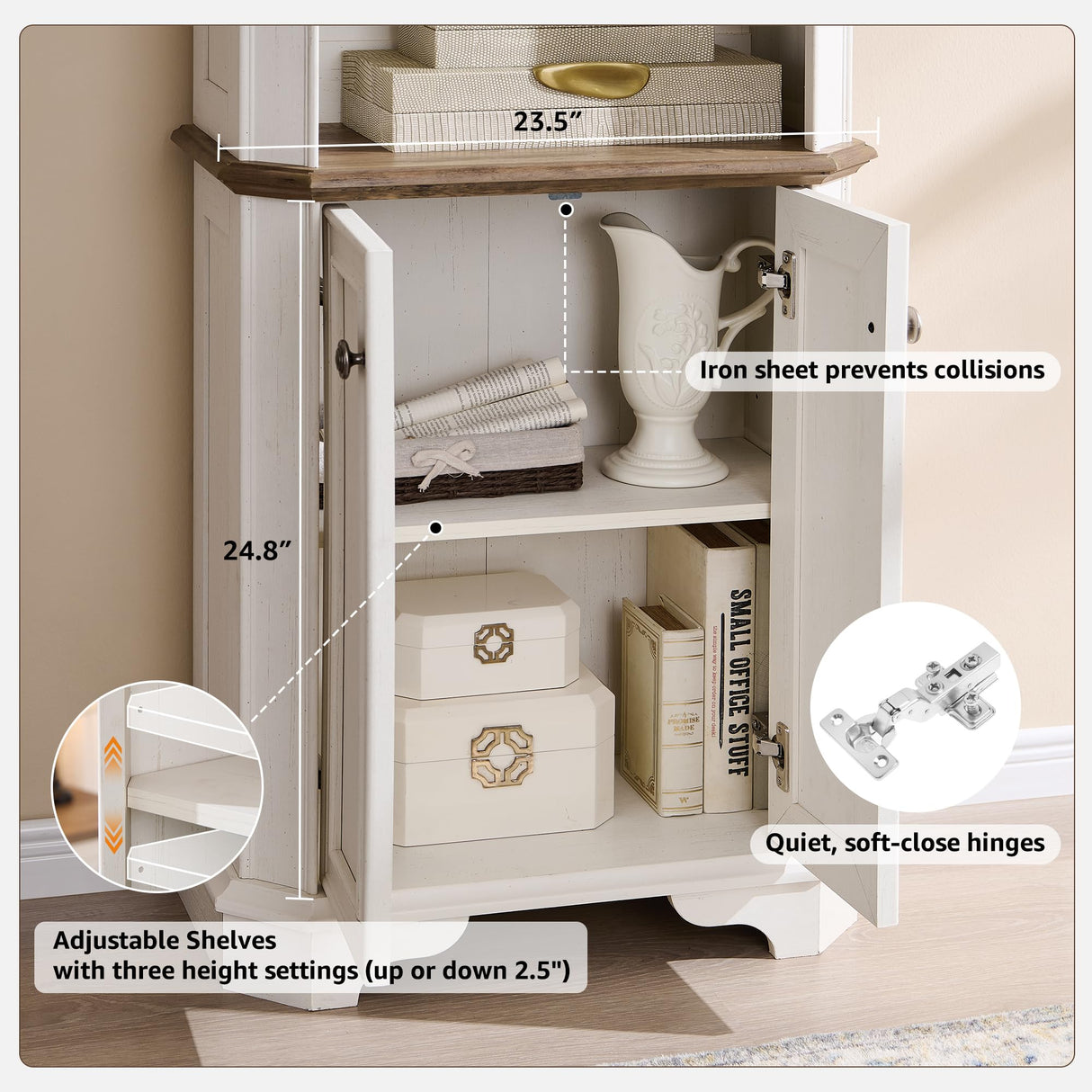 T4TREAM 6-Tier Bookshelf with Storage, 72" Tall Farmhouse Bookcase with Doors and Adjustable Shelves, Wooden Floor Standing Display Book Shelf Organizer for Home Office, Antique White T4TREAM