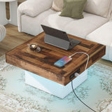 Vinsetto Farmhouse Wood Coffee Table with 2 USB Ports and Outlets, LED Light, Anti-Slip Foot Pads, Spliced Wood Grain, 31.5" L x 31.5" W x 16.5" H, White Vinsetto