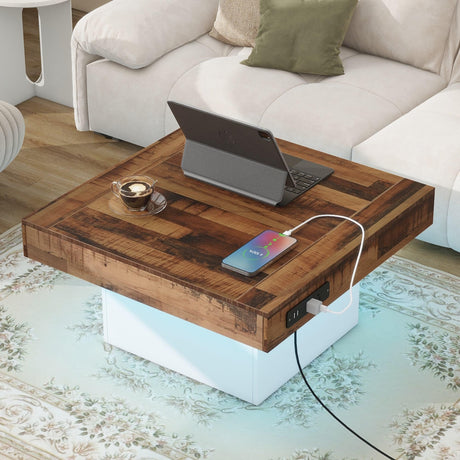 Vinsetto Farmhouse Wood Coffee Table with 2 USB Ports and Outlets, LED Light, Anti-Slip Foot Pads, Spliced Wood Grain, 31.5" L x 31.5" W x 16.5" H, White Vinsetto
