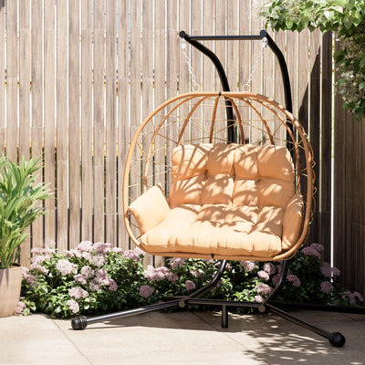Pamapic 700 LBS Double Egg Chair Outdoor, UV Resistant Cushions Hanging Egg Chair with Armrests & Headrest, Thick Steel Frame Egg Swing Chair with Stand, for Relaxing & Reading Outside/Inside(Beige)