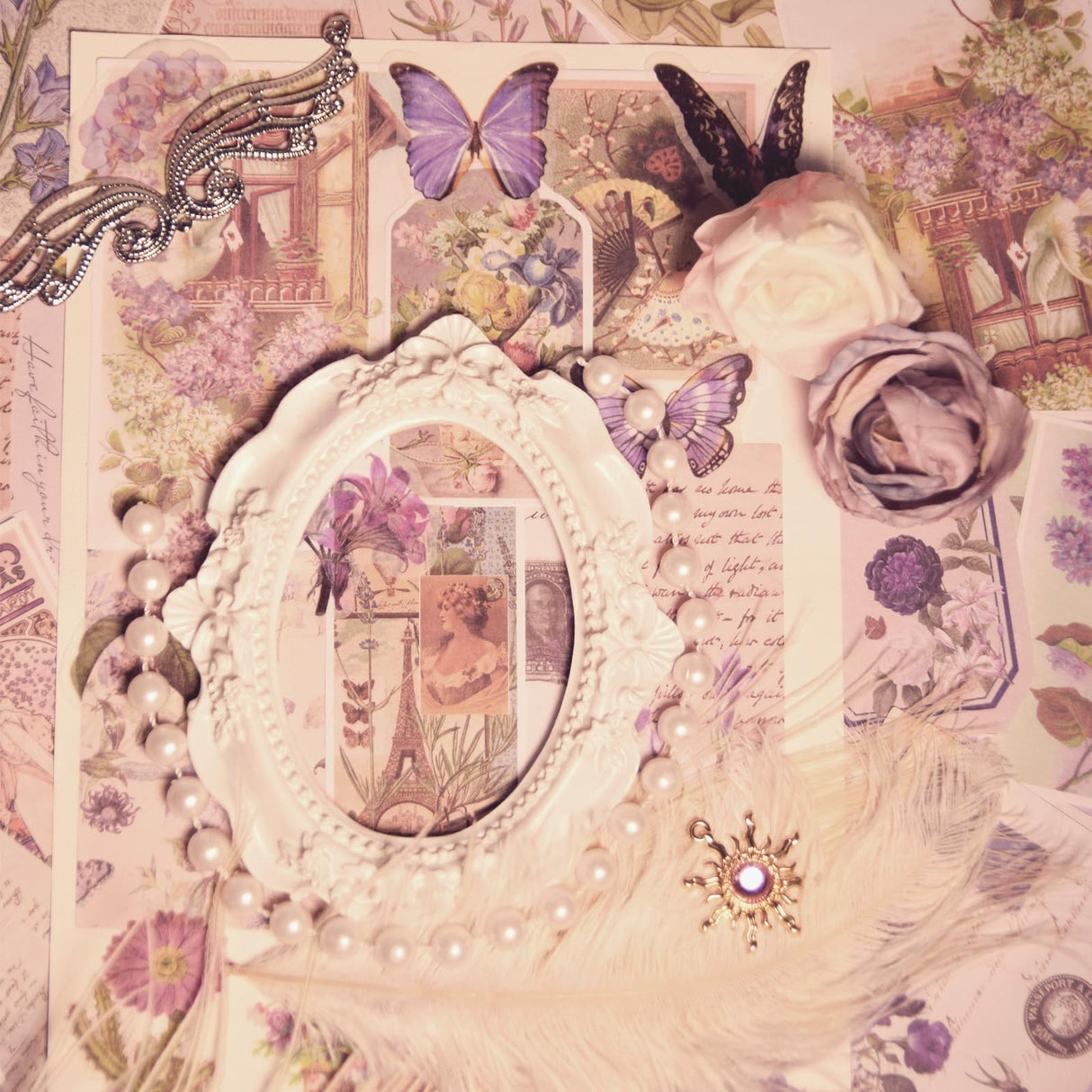 CHRYCELESTE 200pcs Vintage Purple Scrapbook Stickers and Paper, Journal Stickers Kit, Junk Journal Paper Kit - Flowers Butterflies,Plastic Case Packaging with Handy Pliers(Purple Reverie) CHRYCELESTE