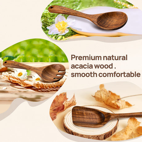 TANAAB Kitchen Wooden Spoons Utensils Set for Cooking, 5 Piece Acacia Wood Spoon Cooking Utensils Apartment Essentials Wooden Turner Spoon Spatula Kitchen Set for Nonstick Cookware (5-pieces-set) TANAAB