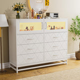 White Dresser for Bedroom with 6 Drawers 2-Door Storage Cabinet Dressers & Chest of Drawers with Charging Station and LED Lights, 8 Drawers Tall Dressers for Bedroom,Living Room,Hallway,Closet Takywep