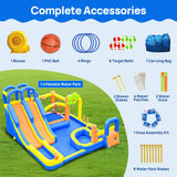 WELLFUNTIME Inflatable Water 3 Slides Park with Blower, Inflatable Bounce House with Climbing Wall, Water Cannon, Dartboard, Flower Sprayer and Deep Pool WELLFUNTIME
