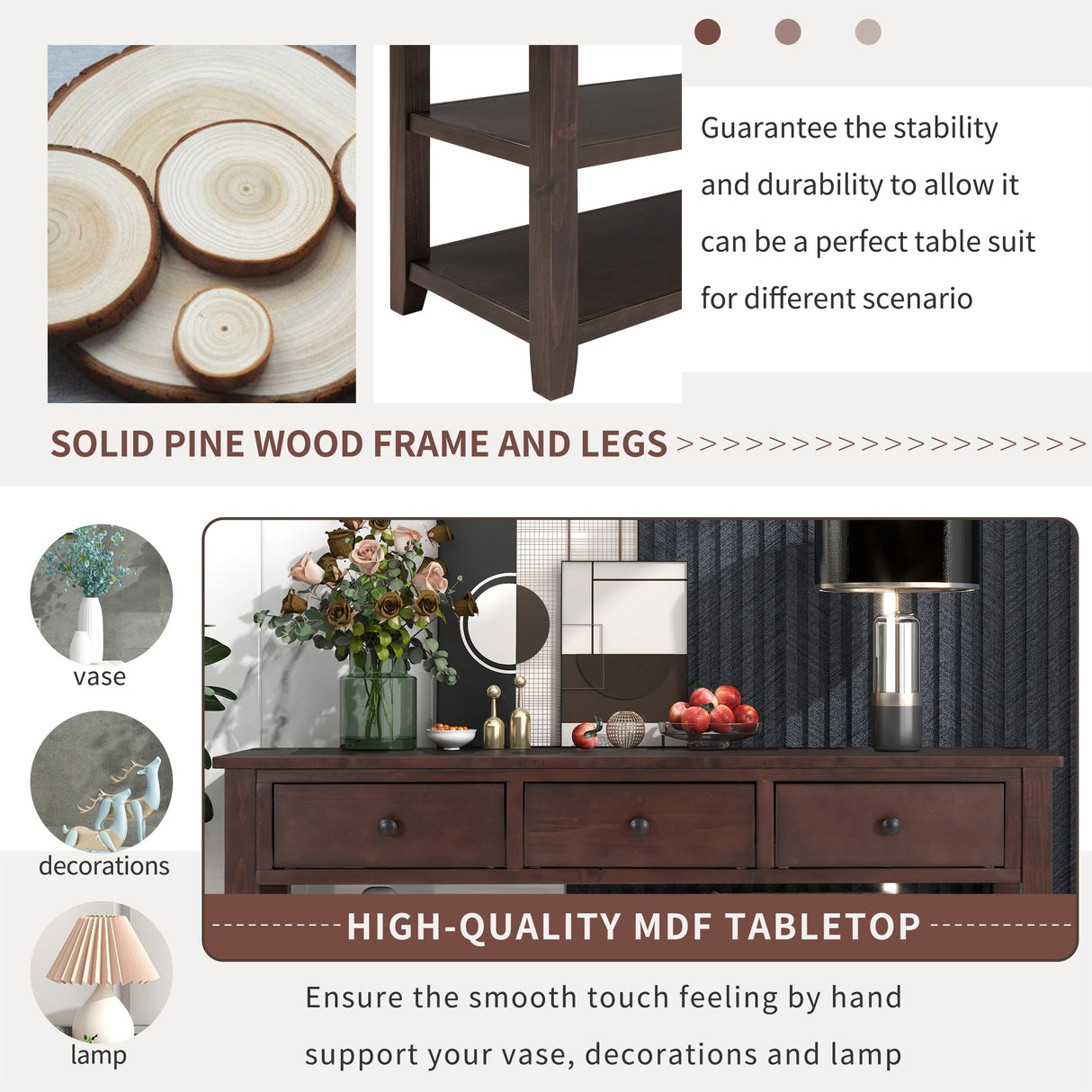 HZSSDTKJ 50" Retro Design Console Table Sofa Table with 3 Storage Drawers and 2 Open Shelves, Solid Pine Wood Frame and Legs for Entryway, Hallway, Living Room and Bedroom (Espresso-03) HZSSDTKJ