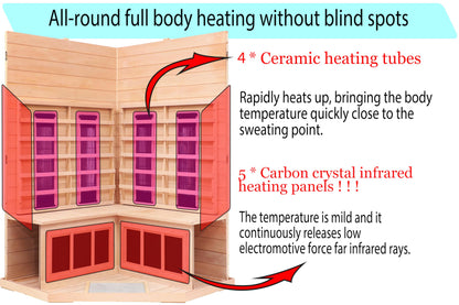 KUNSANA Ceramic Infrared Saunas for Home, 2-3 Person Infrared Sauna, Low EMF Indoor Sauna, Home Sauna, Hemlock Wooden Sauna Room with Bluetooth Speakers, Reading Lamps, Chromotherapy Lights - WoodArtSupply