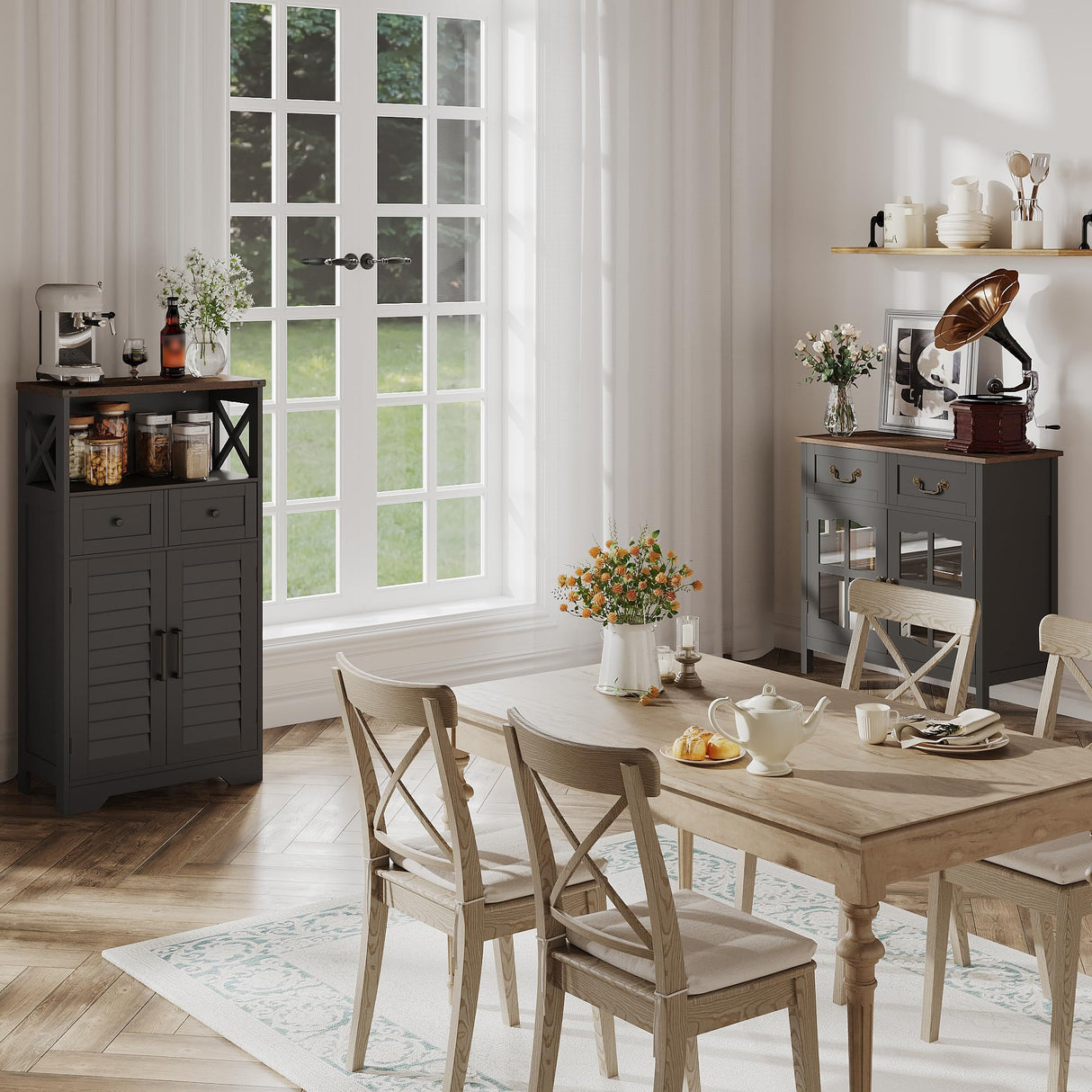 ChooChoo Farmhouse Storage Cabinet, Bathroom Floor Cabinet with Doors and Drawers, Kitchen Pantry Cabinet for Living Room, Laundry, Black ChooChoo