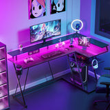 SEVEN WARRIOR L Shaped Gaming Desk with LED Lights & Power Outlets, 55” Reversible Corner Desk with Storage Shelf, Computer Desk with Monitor Stand, Gaming Table with Cup Holder, with Hooks, Black SEVEN WARRIOR
