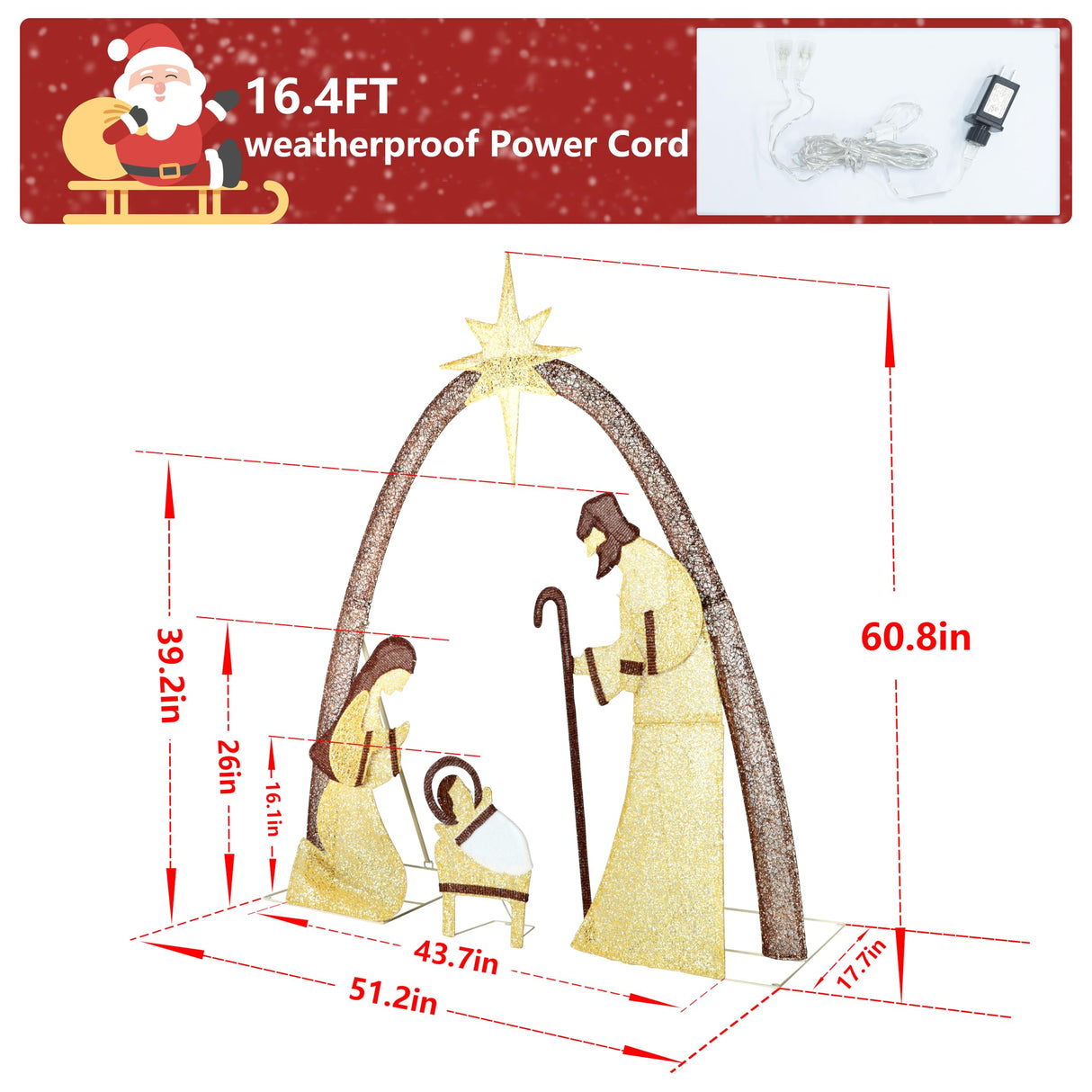 BlueWish Christmas Yard Decorations, 5FT Nativity Scene Outdoor, Lighted Christmas Ornaments with 150 Lights, 12 Zip Ties and 5 Ground Stakes, Nativity Set Outdoor for Holidays, Festivals, Gold BlueWish