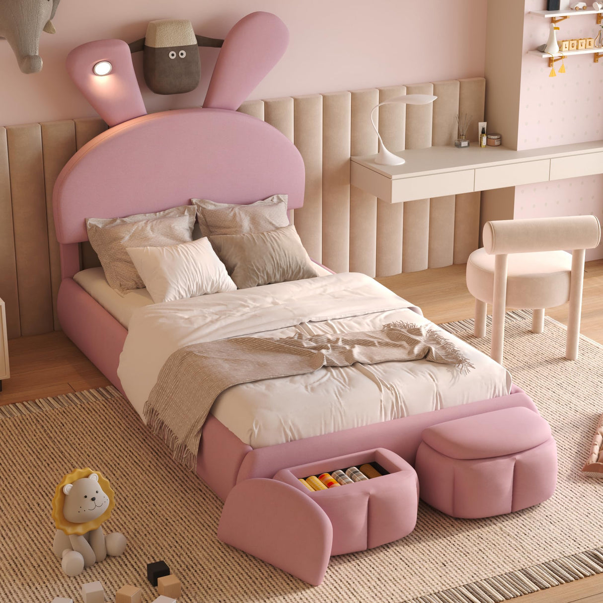 Merax Twin Size Upholstered Platform Bed with 2 Small Storage Stools Cartoon Ears Shaped Headboard and Light, Pink Merax