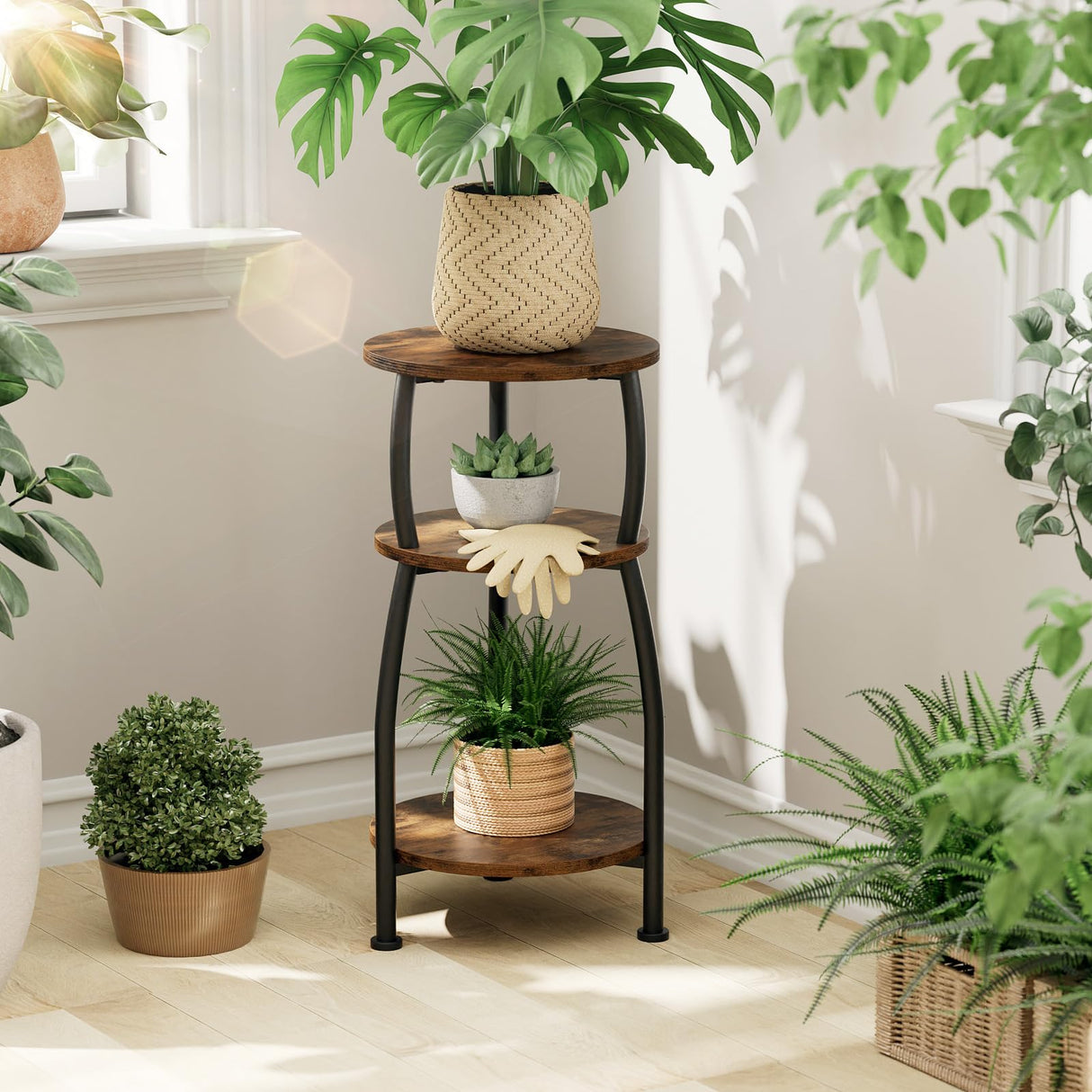 Yuede Small Round Side Table, 3-Tier End Table with Storage Shelf, Slim Sofa Table Coffee Table, Sturdy & Easy Assemble Nightstand for Small Spaces, Living Room Bedroom Corner, Rustic Brown Yuede