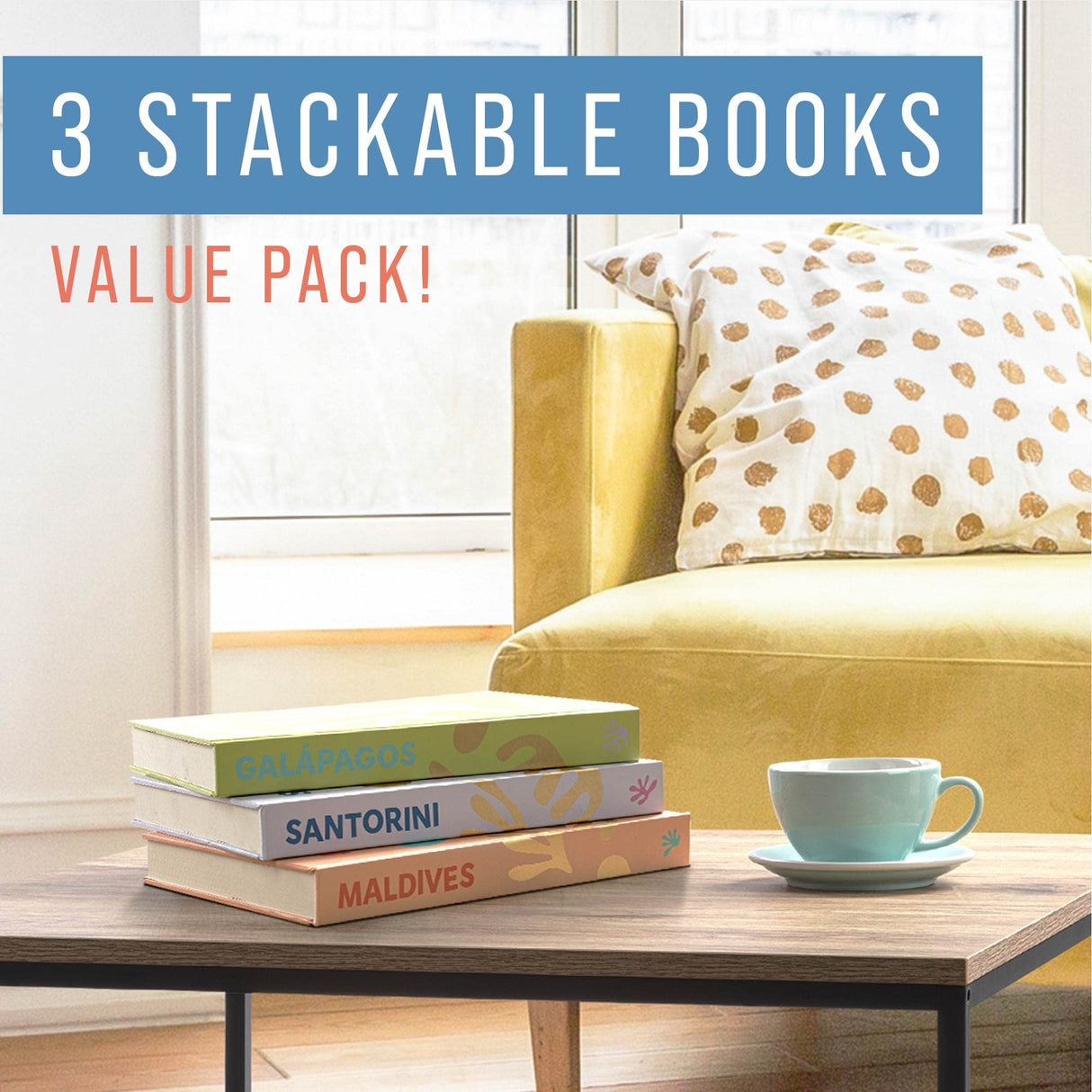 Maplefield XL Travel-Themed Blank Book Set of 3 for Writing, Home Decor, Coffee Table, Bookshelves – Luxury Decor (Maldives, Santorini, Galapagos) Maplefield