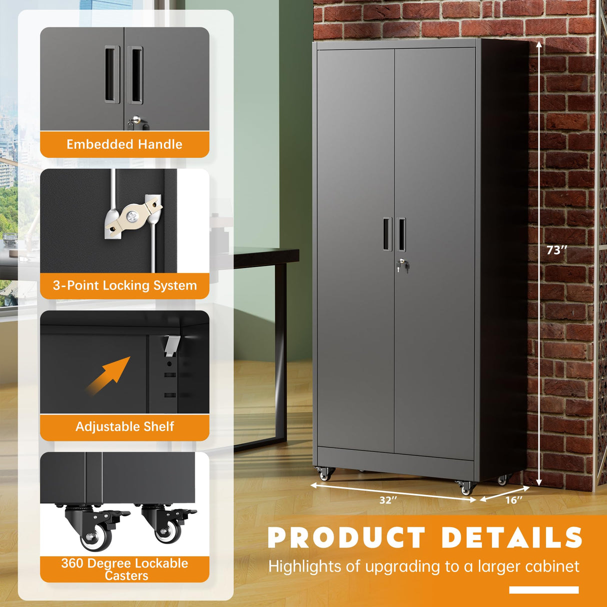 Greenvelly 74" Metal Storage Cabinet with Wheels, Lockable Rolling Metal Garage Cabinets with 2 Doors and 4 Adjustable Shelves, Rolling Tool Cabinet for Garage, Home Office, School Greenvelly