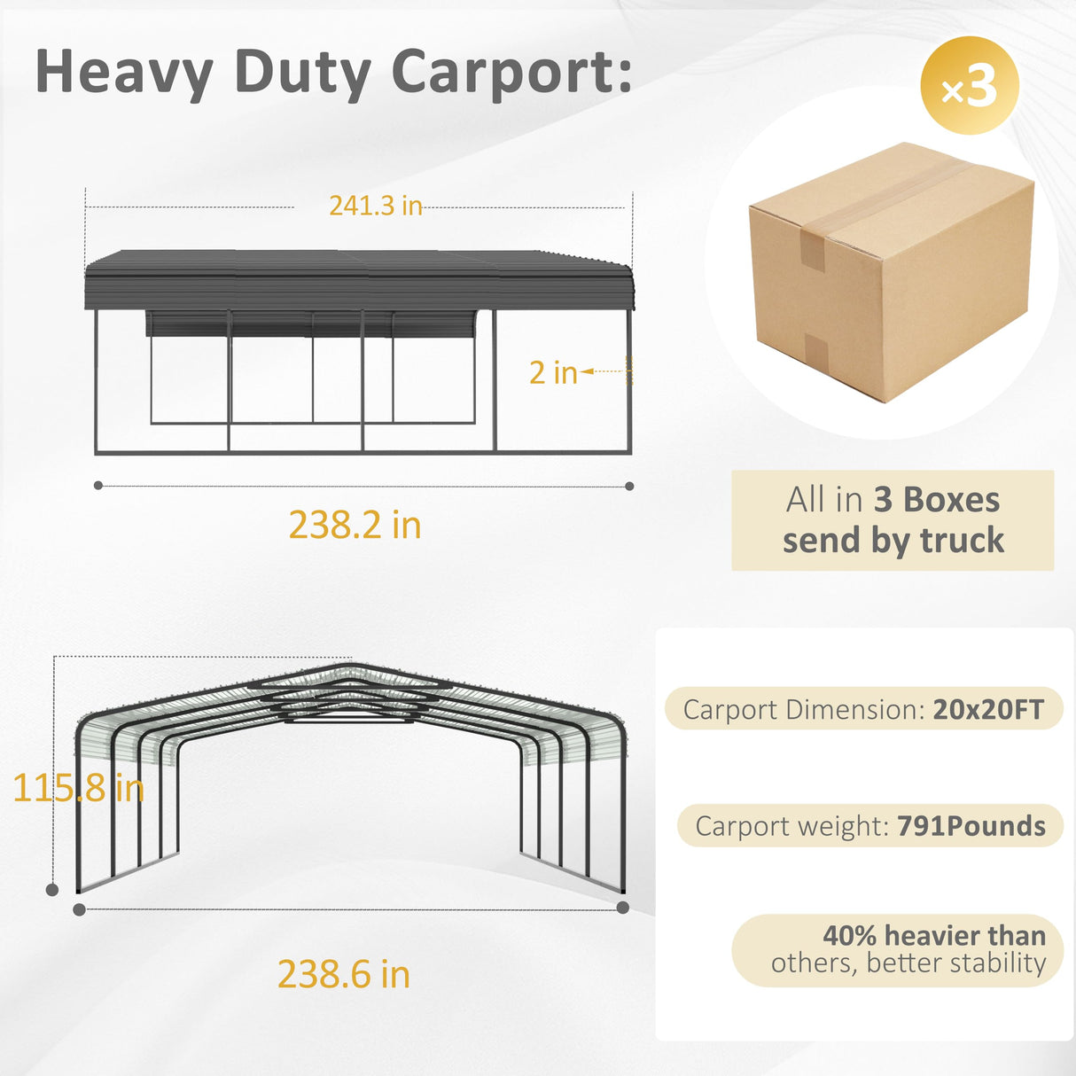 VEIKOU 20'x20' Carport, Car Port with Galvanized Steel Panels, Metal Carport with Innovative Assembly Structure, Carports for Car, Boat, Truck VEIKOU