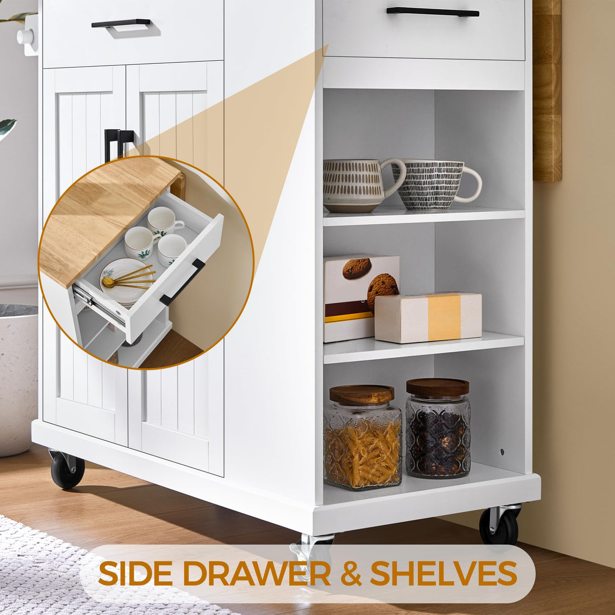 Yaheetech Rolling Kitchen Island Cart with Drop Leaf, Portable Rubberwood Breakfast Bar with Storage Cabinet, Open Shelves & Detachable Towel, 2 Drawers, White Yaheetech