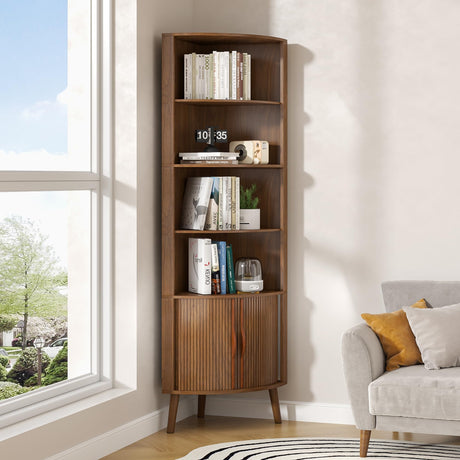 Limaoaio 5-Tier Corner Shelf, 66.73''Tall Modern Corner Bookshelf, 5 Shelf Bookcase with 2 Fluted Doors, Freestanding Wood Corner Display Storage Shelf Organizer for Living Room, Office (Walnut) Limaoaio