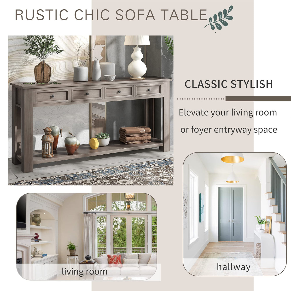 P PURLOVE Console Table for Entryway Hallway Sofa Table with Storage Drawers and Bottom Shelf (Gray Wash) P PURLOVE