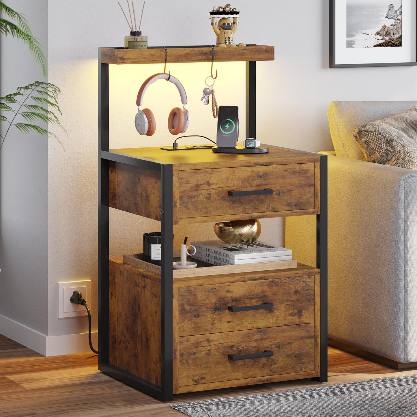 VIAGDO Led Nightstand with Charging Station, 3 Drawers Night Stands with Led Lights, Rustic Brown Bedside Tables with Storage Shelves, Modern End Side Tables for Bedroom, Office - WoodArtSupply