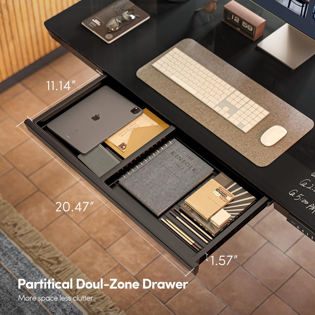 FEZIBO 48 × 24 Electric Standing Desk with Drawers, Whole-Piece Glass Adjustable Height Desk, One-Piece Quick Install Adjustable Sit Stand Desk, Black FEZIBO