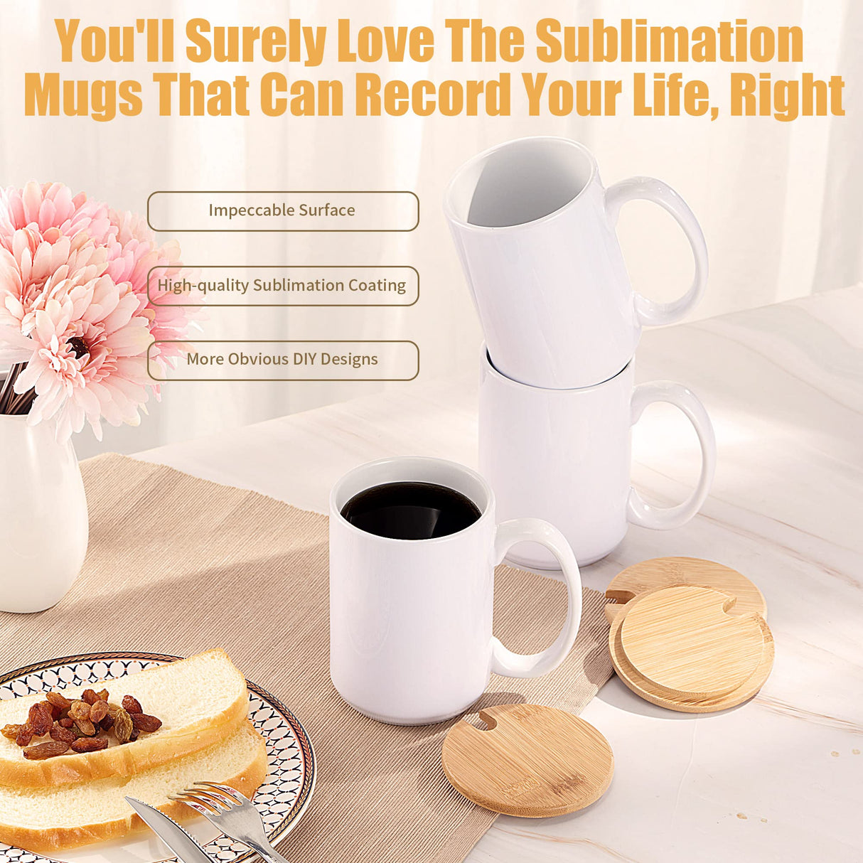 RAINBOWTIE Sublimation Mugs 15 oz Sublimation Mugs Blank with Bamboo Lid White Coffee Mugs Sublimation Coffee Mugs Mug Sets Coffee Cup with Lid Set of 12 RAINBOWTIE