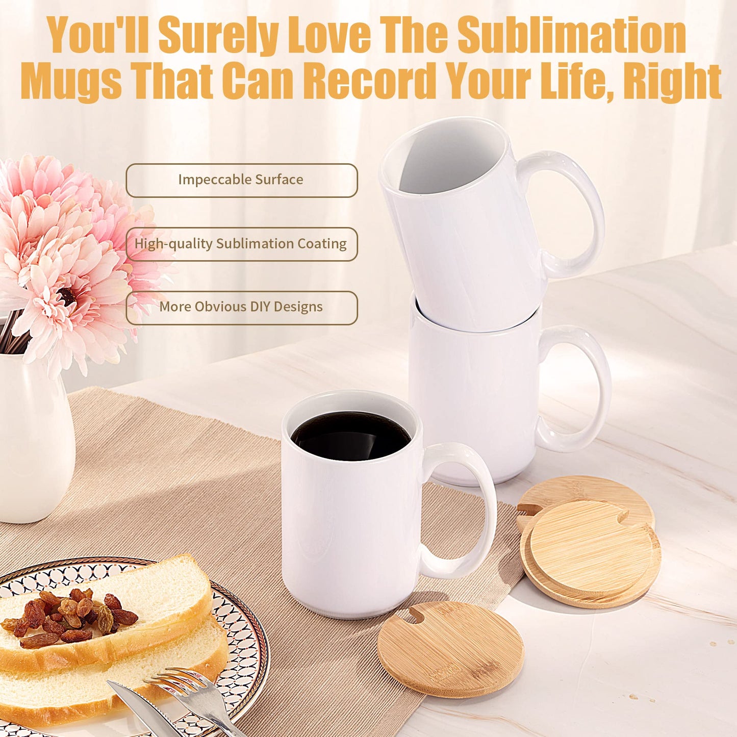 RAINBOWTIE Sublimation Mugs 15 oz Sublimation Mugs Blank with Bamboo Lid White Coffee Mugs Sublimation Coffee Mugs Mug Sets Coffee Cup with Lid Set of 12