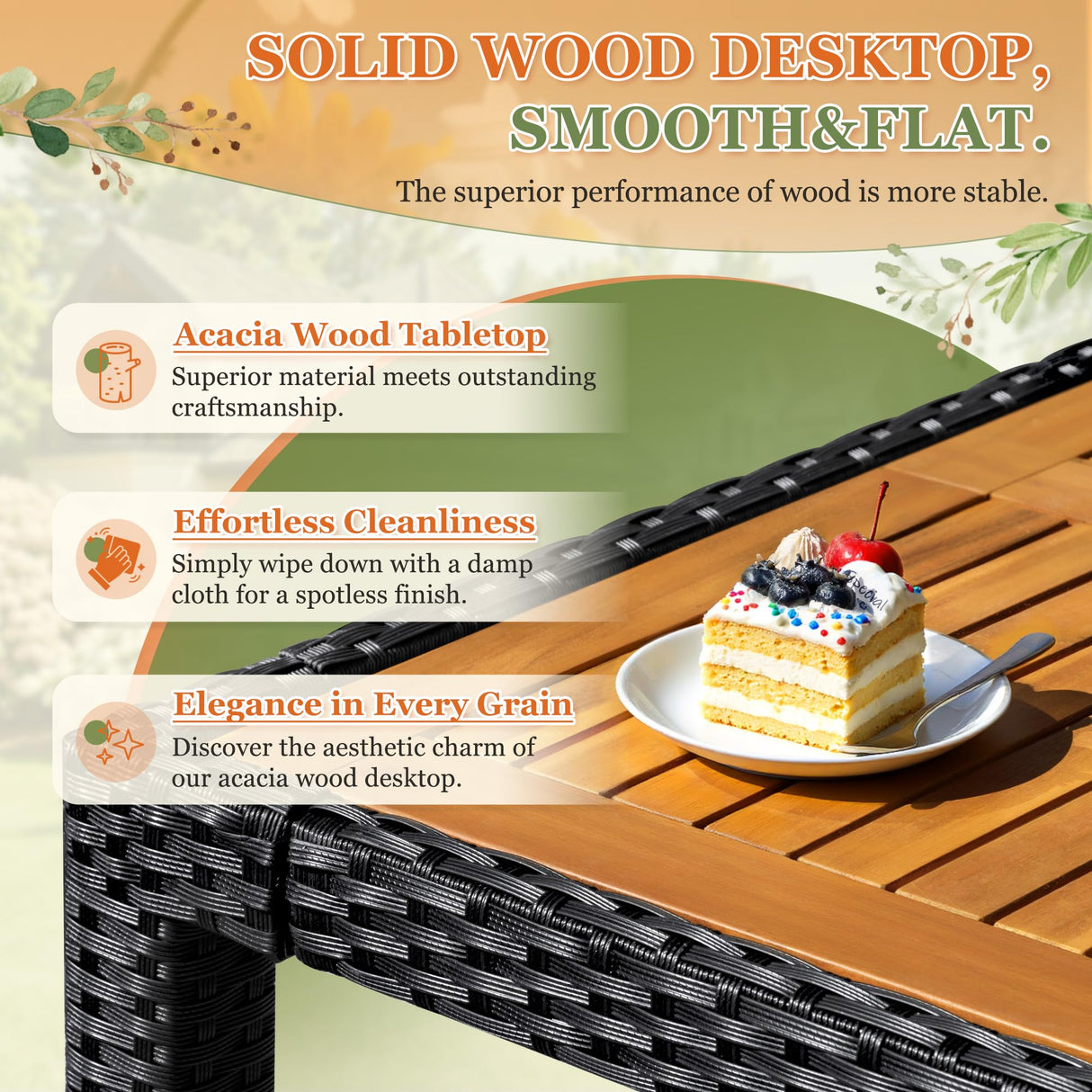 Greesum 7 Pieces Outdoor Patio Dining Set, Conversation Sets with 1 Table and 6 Rattan Chairs with Curved Acacia Wooden Armrests and Cushions, Black Greesum