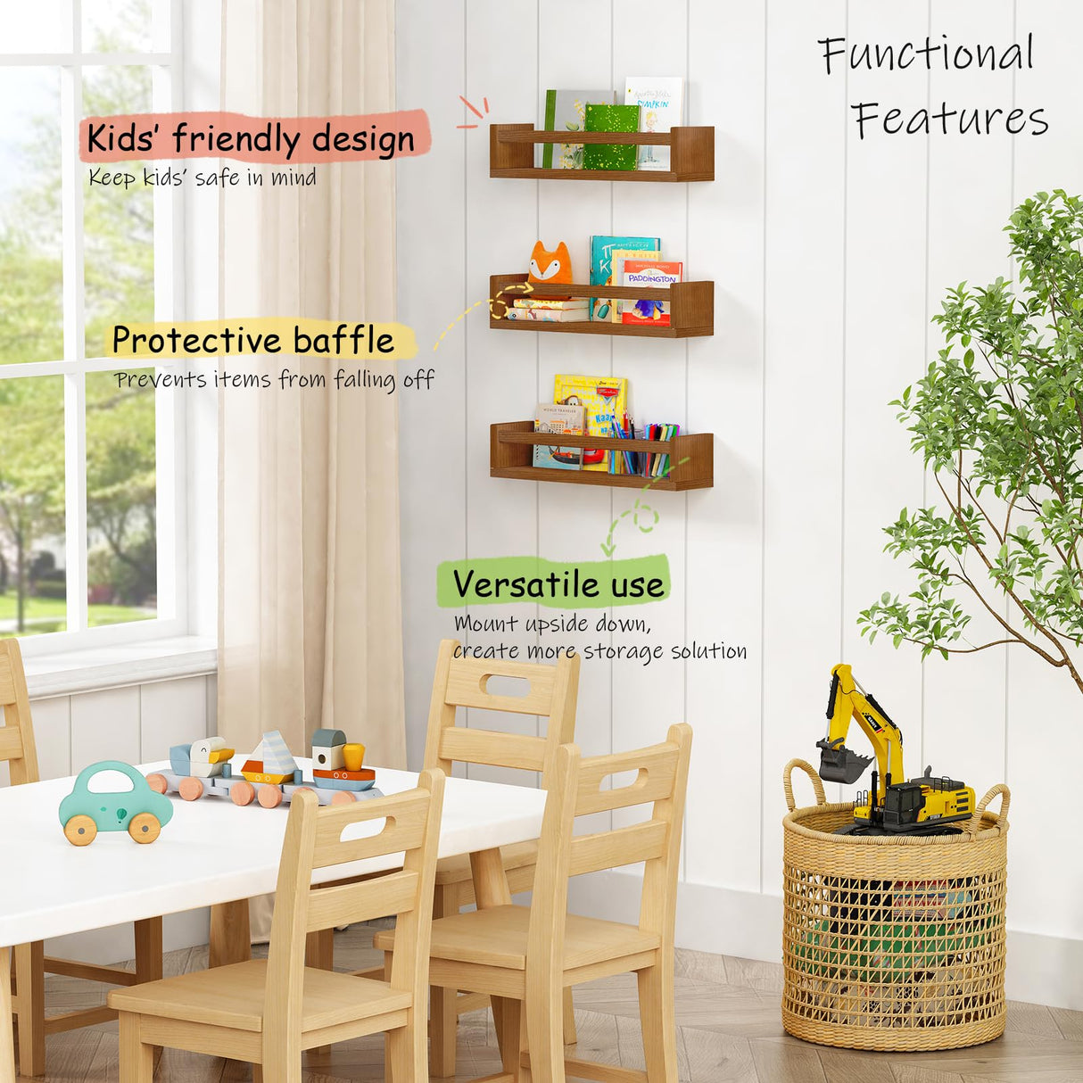 Harwaya Walnut Brown Nursery Book Shelves Wall Mounted, Wooden Floating Bookshelf for Kids Room Bedroom, Dark Wood Nursery Bookshelves for Kitchen Classroom Playroom (Solid Pine, 3-Pack) Harwaya
