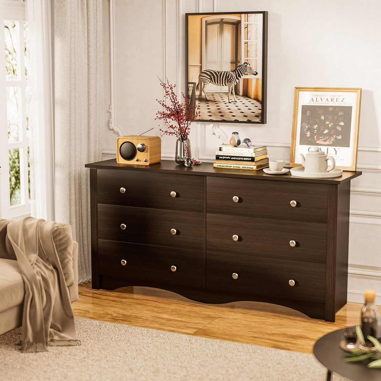 Furniwell 6 Drawer Dresser for Bedroom, Wood Dresser Wide Storage Organizer for Living Room Hallway Closets (Brown) Furniwell