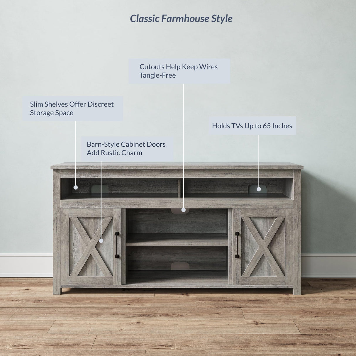 BELLEZE Modern 58 Inch Barn Door Wood TV Stand & Media Entertainment Center Console Table for TVs up to 65 Inches with Two Open Shelves and Cabinets - Corin (Gray Wash) BELLEZE