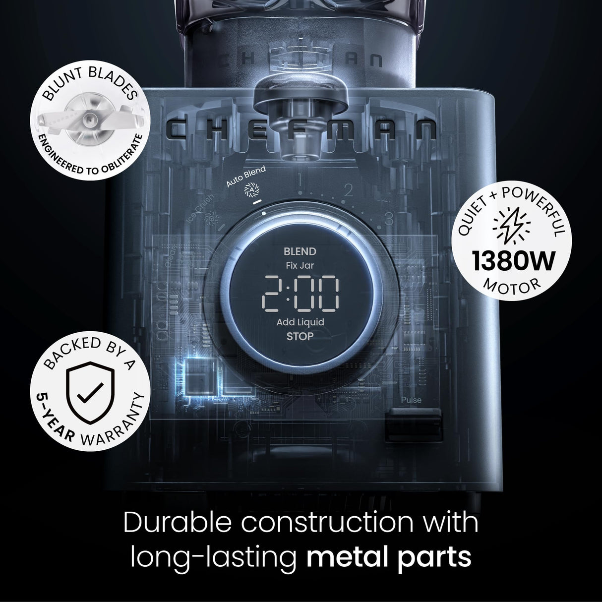 Chefman Obliterator 48 oz Countertop Blender for Smoothies, 1380W Motor to Crush Ice, Nuts, and Frozen Fruit with Stainless Steel Blade, Auto Blend Function, Includes Tamper and Scraper - Midnight Chefman