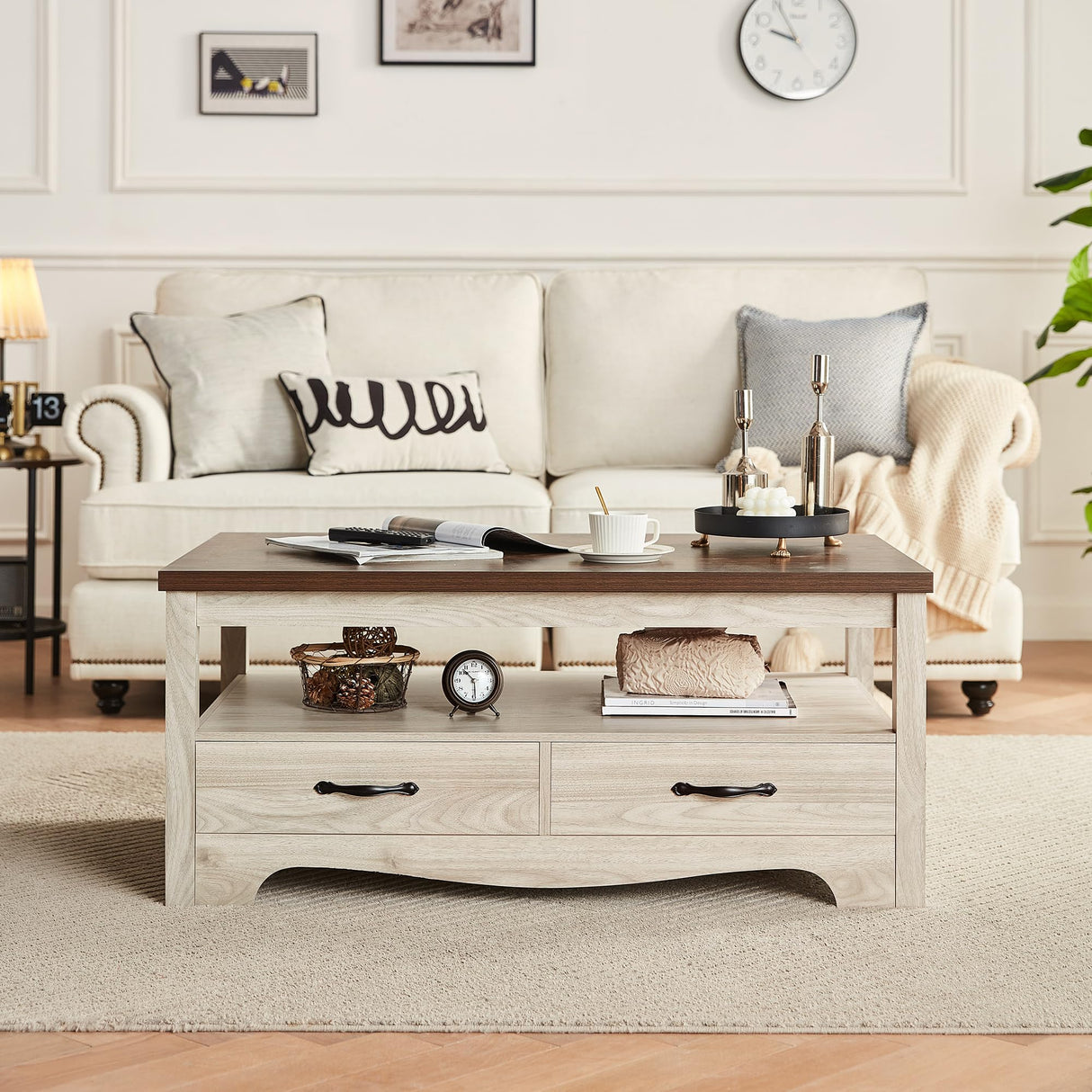 LINSY HOME Farmhouse Coffee Table with Storage, Wood Coffee Table for Living Room, Open Display Area and Storage Drawers with Metal Handles, Chic Style with Curved Base. Oak and Brown LINSY HOME