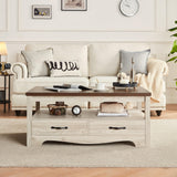LINSY HOME Farmhouse Coffee Table with Storage, Wood Coffee Table for Living Room, Open Display Area and Storage Drawers with Metal Handles, Chic Style with Curved Base. Oak and Brown LINSY HOME