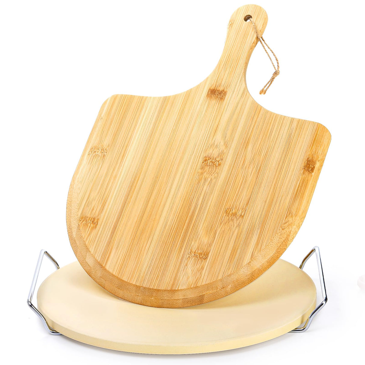 ZENFUN Round Pizza Stone with Wooden Peel and Metal Carry Rack 12 In Cooking Pizza Stone for Oven Baking and BBQ Grilling Round Baking Stone Cordierite Pizza Cooking Pan Free Bamboo Pizza Peel Paddle ZENFUN
