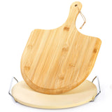 ZENFUN Round Pizza Stone with Wooden Peel and Metal Carry Rack 12 In Cooking Pizza Stone for Oven Baking and BBQ Grilling Round Baking Stone Cordierite Pizza Cooking Pan Free Bamboo Pizza Peel Paddle ZENFUN