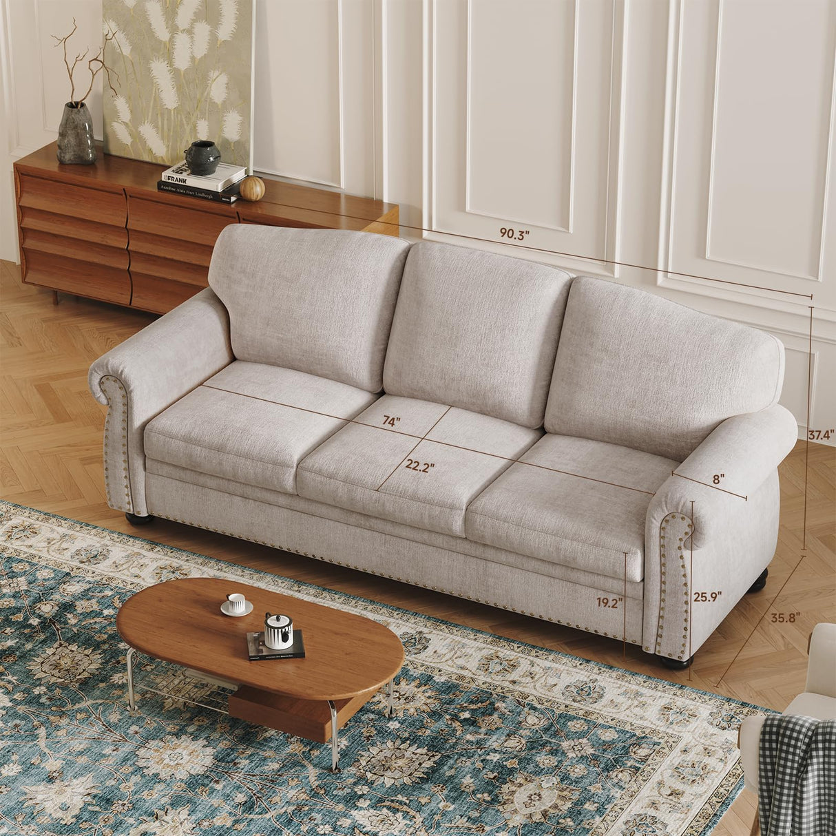 ONBRILL 90 Inch Nailhead Trim Couch for Living Room, 23 Inch Deep Seat Rolled Arm Sofa, Comfy Upholstered 3 Seater Chenille Couch w/Wooden Leg, Large Traditional Sofa for Farmhouse, Beige ONBRILL