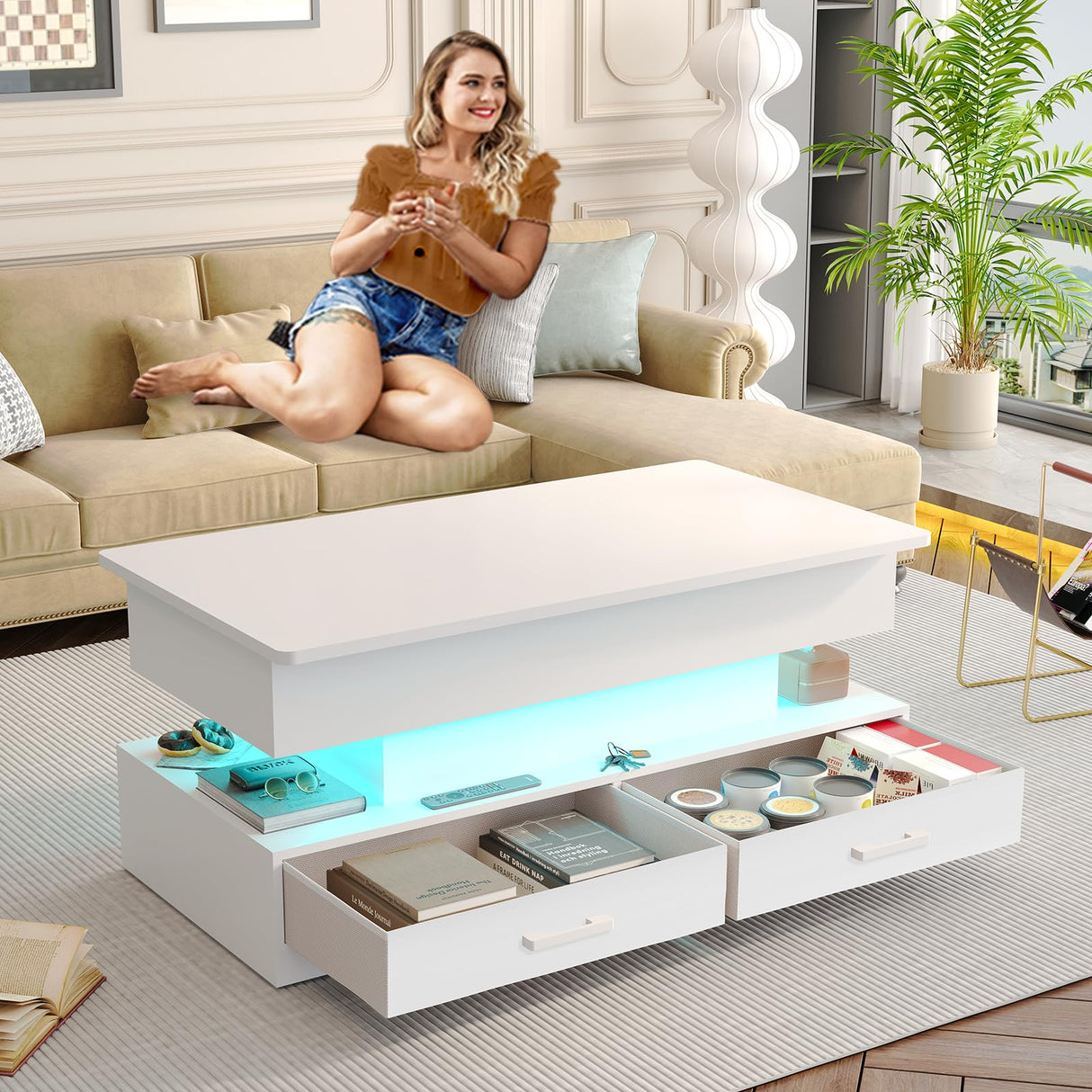 SEDETA 40" Lift Top Coffee Table, Coffee Tables with Storage for Living Room, Small Coffee Table with 2 Drawers & LED Light for Dining Reception Room, White SEDETA