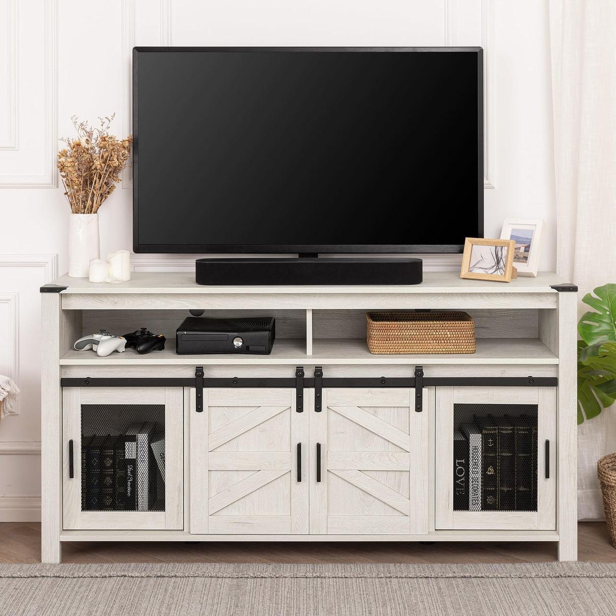 WAMPAT Farmhouse TV Stand for 65 Inch TV, Antique White Wood Entertainment Center with Sliding Barn Doors and Mesh Doors, Tall Media Console with Open Storage Space for Living Room, 59x15.4x31 WAMPAT
