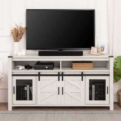 WAMPAT Farmhouse TV Stand for 65 Inch TV, Antique White Wood Entertainment Center with Sliding Barn Doors and Mesh Doors, Tall Media Console with Open Storage Space for Living Room, 59x15.4x31