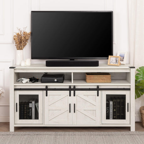 WAMPAT Farmhouse TV Stand for 65 Inch TV, Antique White Wood Entertainment Center with Sliding Barn Doors and Mesh Doors, Tall Media Console with Open Storage Space for Living Room, 59x15.4x31 WAMPAT
