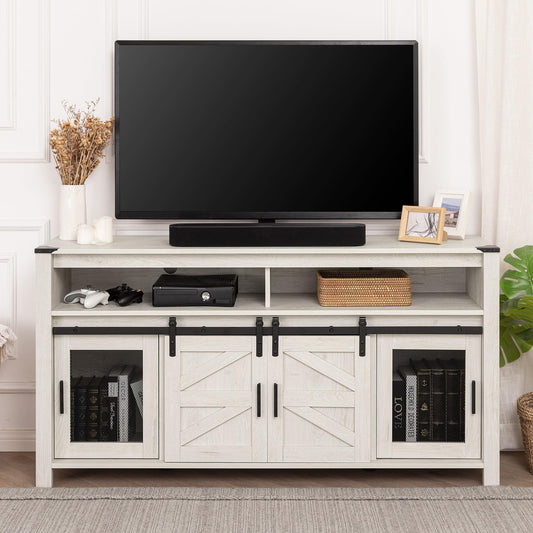 WAMPAT Farmhouse TV Stand for 65 Inch TV, Antique White Wood Entertainment Center with Sliding Barn Doors and Mesh Doors, Tall Media Console with Open Storage Space for Living Room, 59x15.4x3 - WoodArtSupply