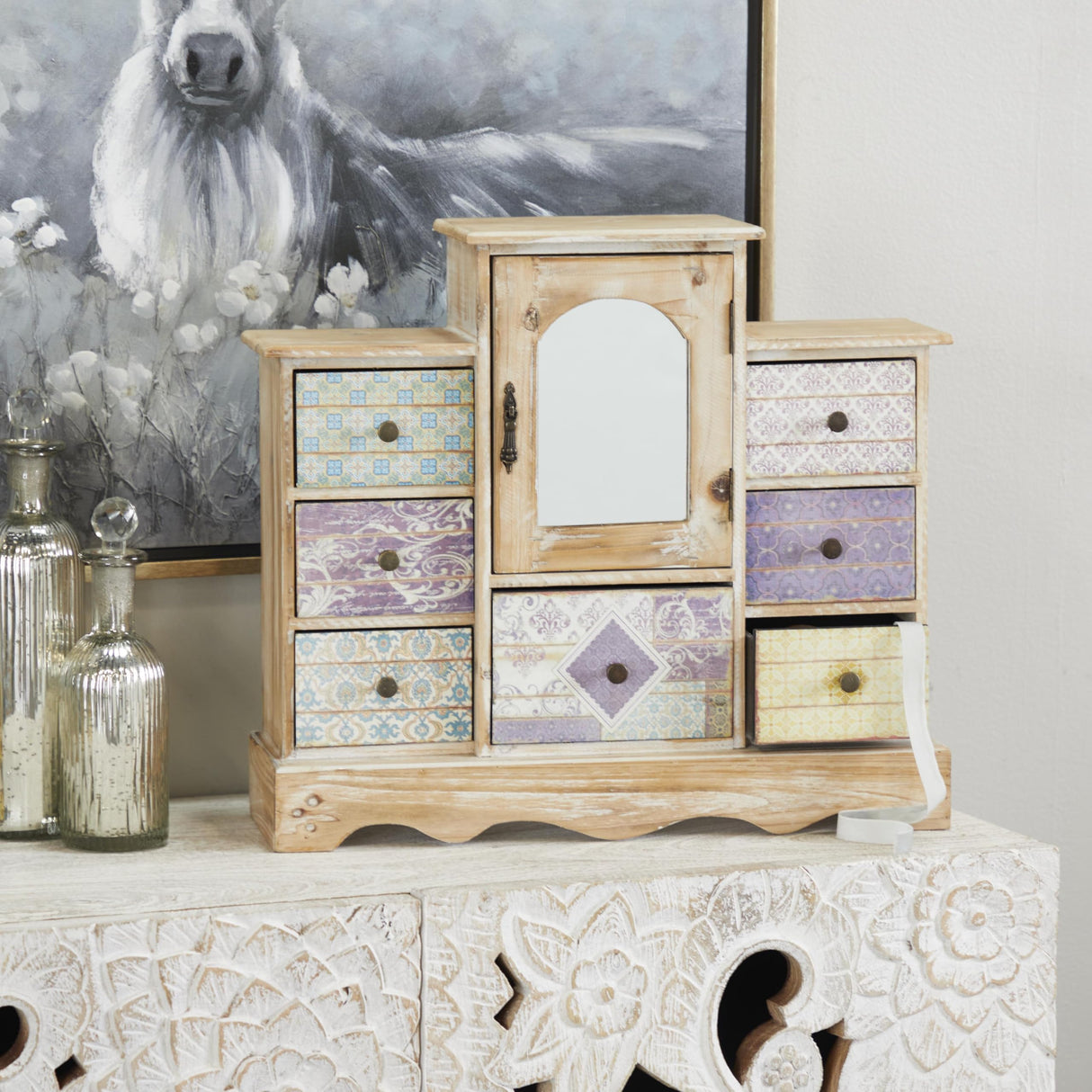 Deco 79 Wooden Decorative Jewelry Box 7 Drawers Jewelry Organizer with Patchwork Patterns, Jewelry Holder 18" x 6" x 16", Light Brown Deco 79