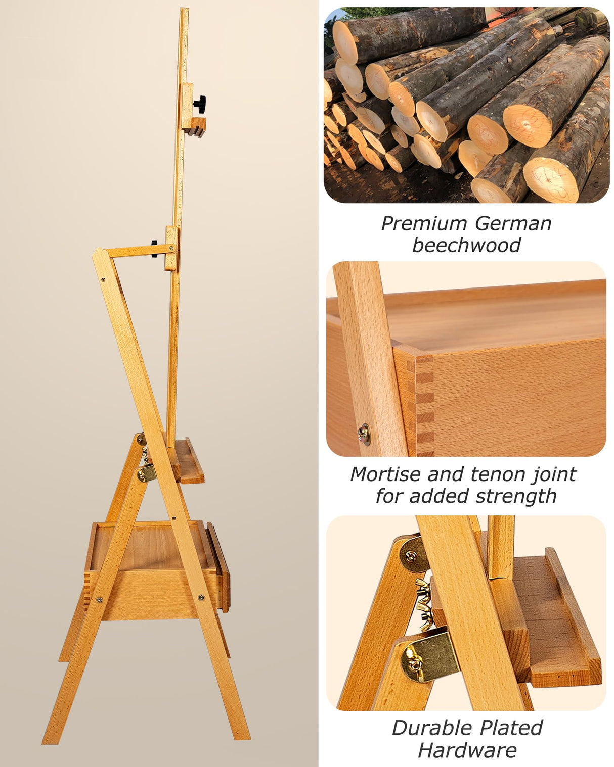 DJAR Large Art H-Frame Easel with Storage Drawer and Shelf, Middle Mast Adjustable to 75", Solid Beech Wood Painting Wooden Easel for Adults, Students, Hold Canvas up to 36", Natural DJAR