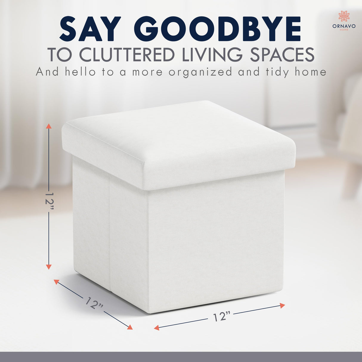 Ornavo Home Small Storage Ottoman Foldable Collapsible Cube Square Linen Ottoman Foot Rest Stool Seat, for Living Room, Bedroom, Home Office, Dorm - 12 x 12 x 12, White Ornavo Home