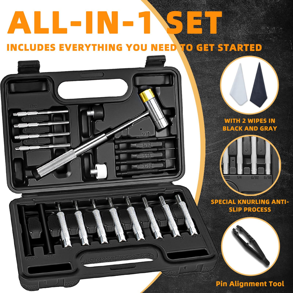 BESTNULE Punch Set, Pin Punches, Punch Tool, Roll Pin Punch Set, Made of High Quality Metal Material Including Punches and Hammer, Mechanical Repair Tool, with Organizer Storage Box (with Bench Block) BESTNULE